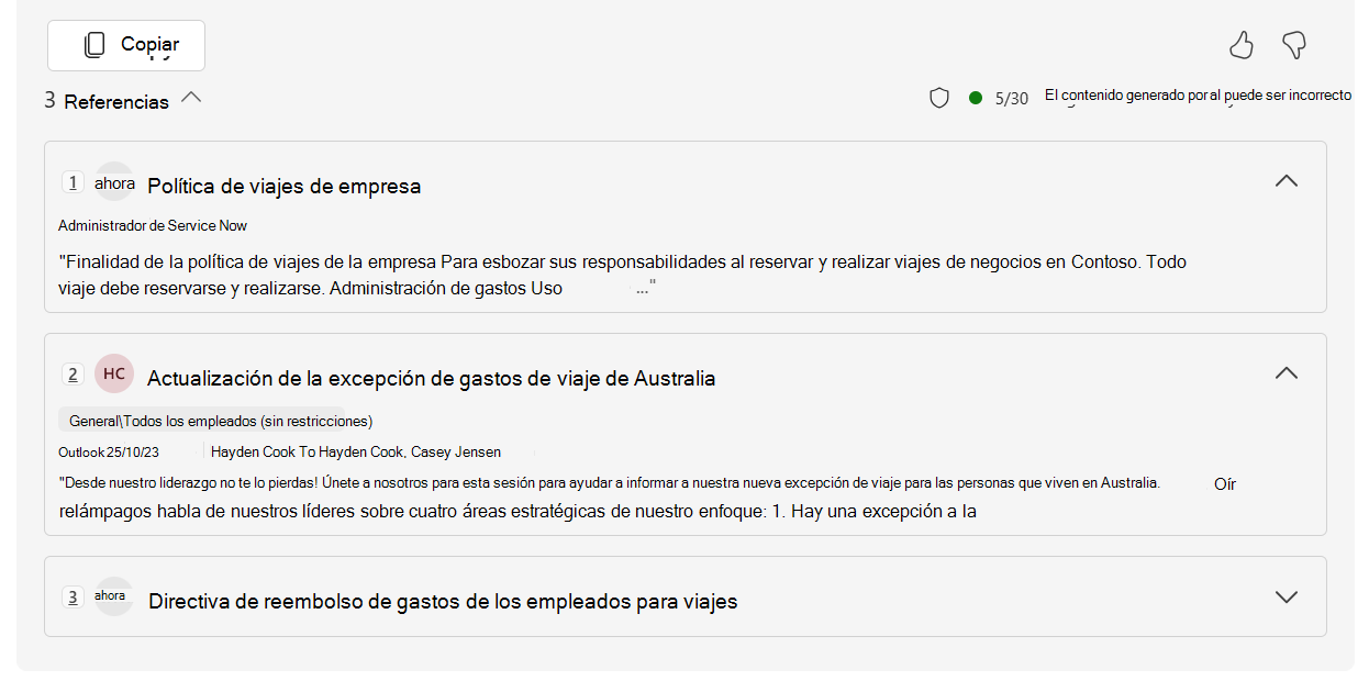 Captura de pantalla de la lista de referencia de conectores de Copilot en Microsoft 365 Copilot