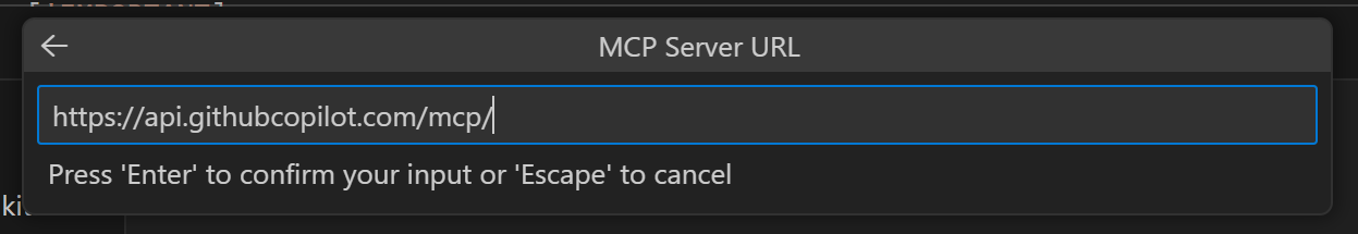 Captura de pantalla del símbolo del sistema para escribir la dirección URL del servidor MCP