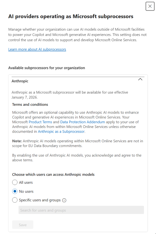 Captura de pantalla de la opción en la interfaz de usuario de Centro de administración de Microsoft 365 para usar modelos de Anthropic