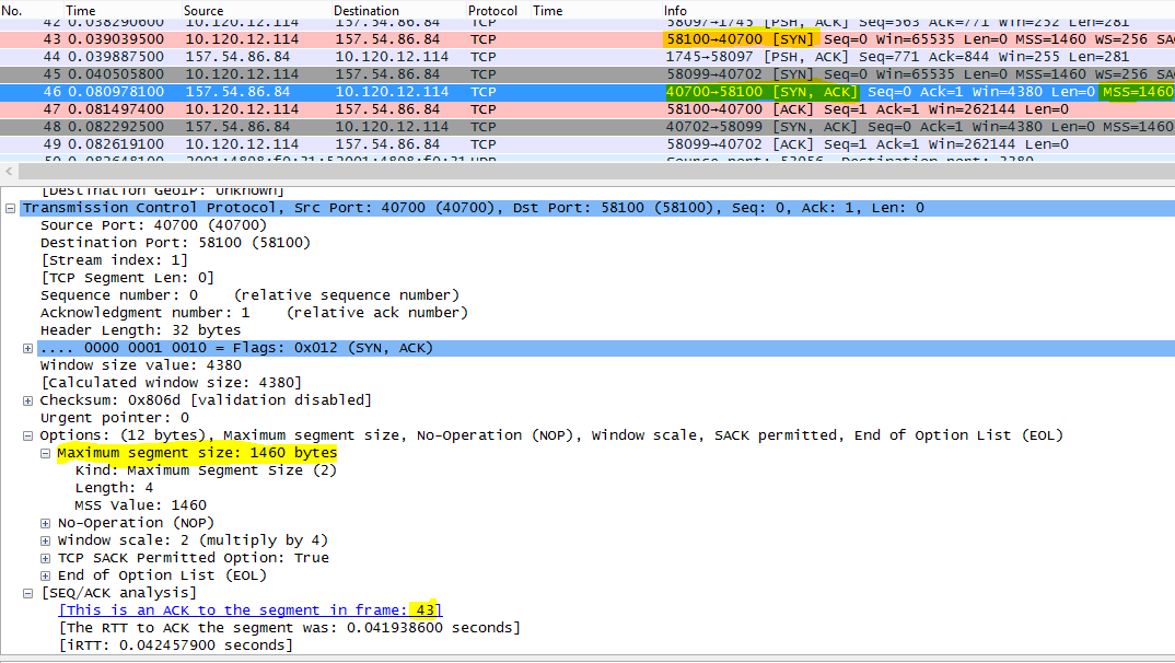 Seguimiento filtrado en Wireshark por tcp.options.mss para Max Segment Size (MSS).