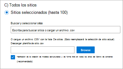 Captura de pantalla de la configuración de ámbito del sitio que muestra la opción para habilitar la creación de modelos estructurados y de forma libre en el centro de contenido.