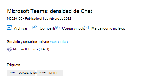 Captura de pantalla: Muestra la página densidad del chat de Microsoft Teams en la publicación del centro de mensajes con datos de usuario activos mensualmente.