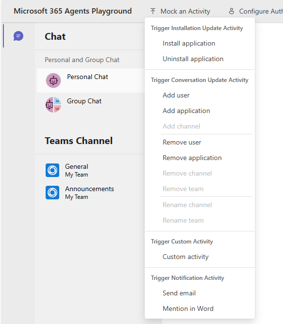 Captura de pantalla que muestra la interfaz del Playground de Agentes con el menú Simular una Actividad expandido, mostrando opciones de Actividad de Notificación de Desencadenador, como Enviar correo electrónico y Mencionar en Word.