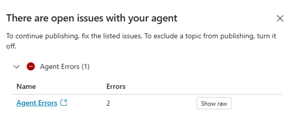 Captura de pantalla de la lista de errores que aparece si intenta publicar un agente que infringe directivas de datos.
