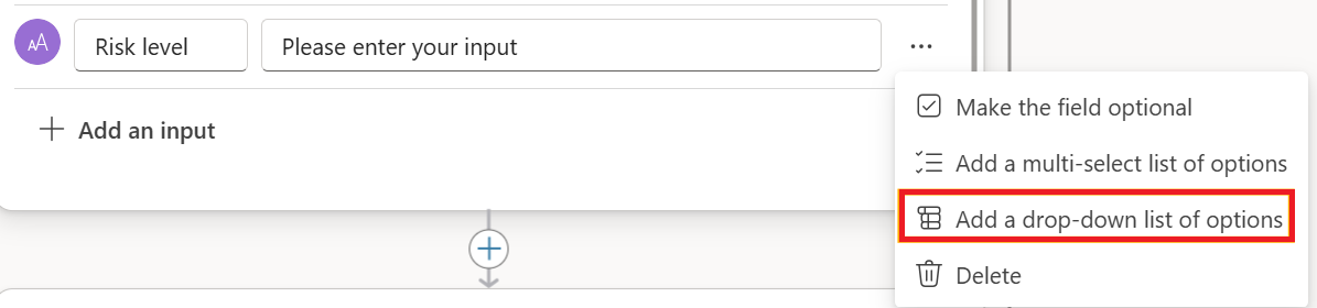 Captura de pantalla de las opciones de selección única para las entradas de texto en Copilot Studio