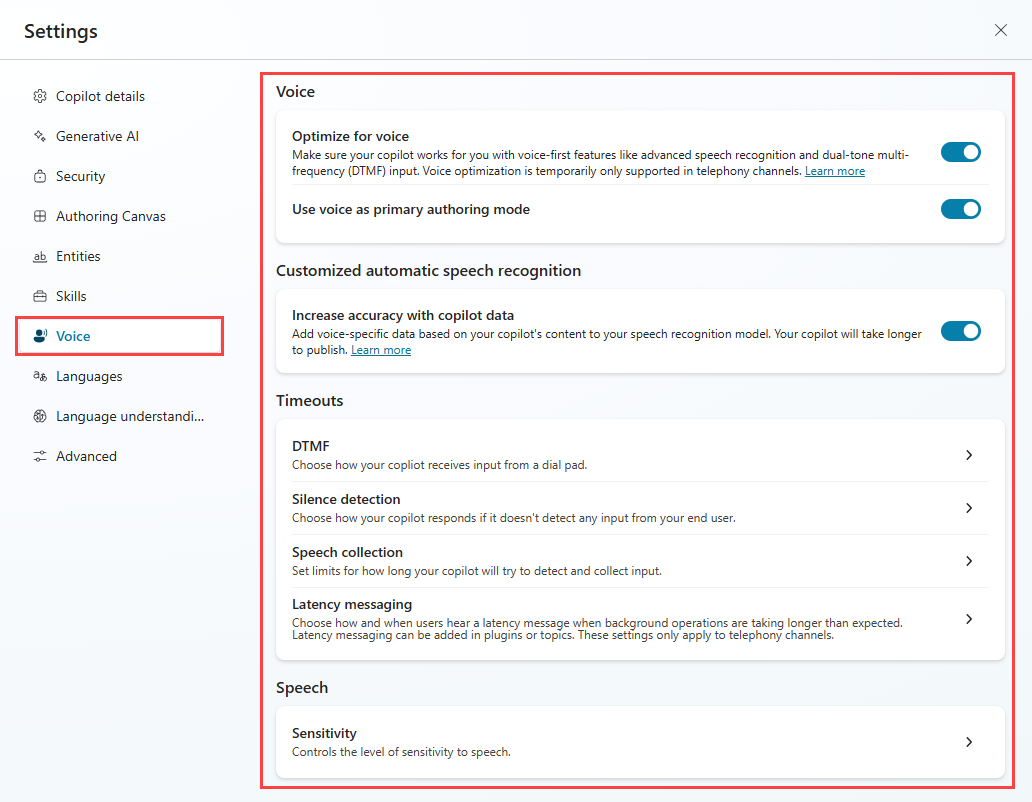 Captura de pantalla de la configuración de voz para un copiloto habilitado para voz.