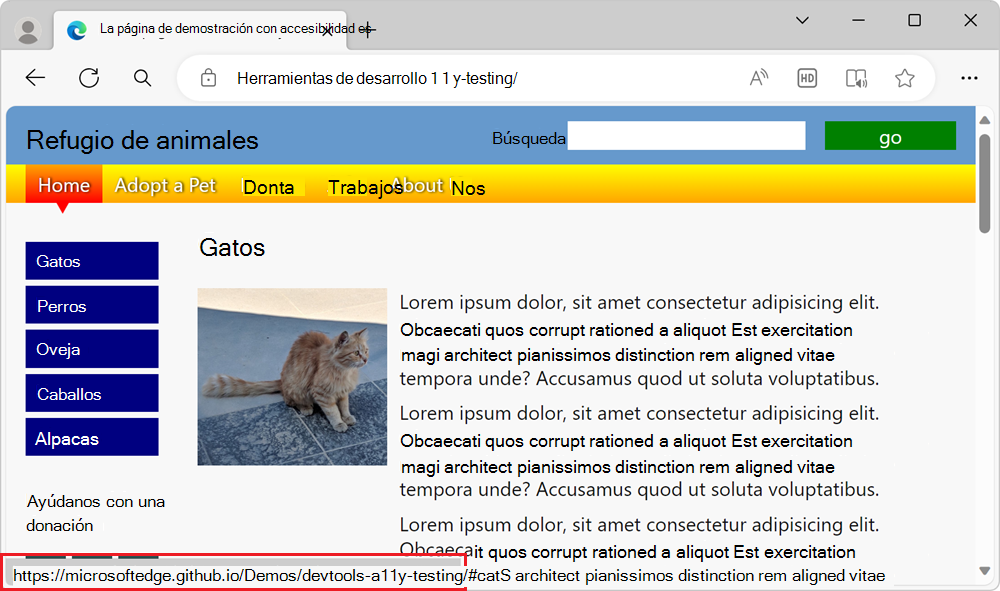 La página web de demostración, con los vínculos de Cats centrados, pero sin indicación visual del foco