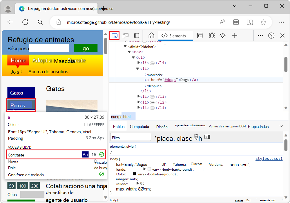 Los vínculos del menú de navegación de la barra lateral tienen suficiente contraste, como se muestra en la superposición Inspeccionar
