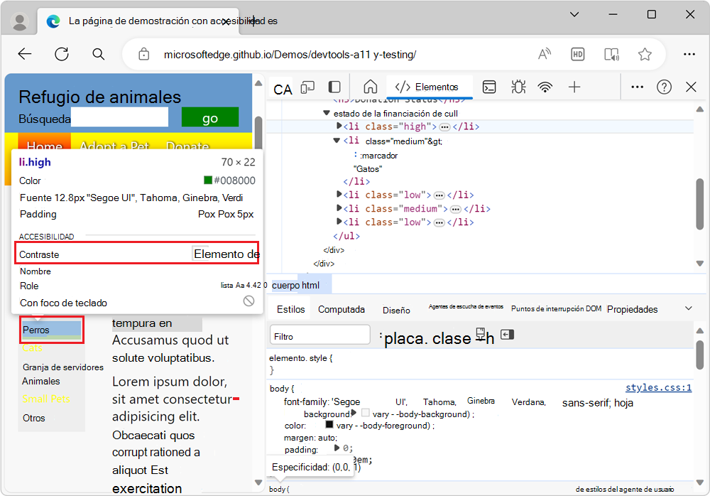Un elemento que no tiene suficiente contraste se marca con una advertencia en la superposición Inspeccionar.