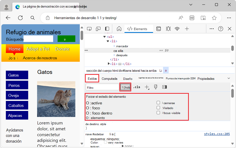 Herramienta de simulación de estado que muestra todas las opciones