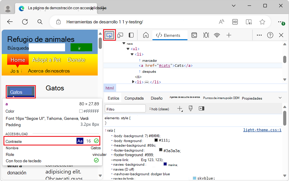 Los elementos de menú tienen suficiente contraste, como se muestra en la herramienta Inspeccionar