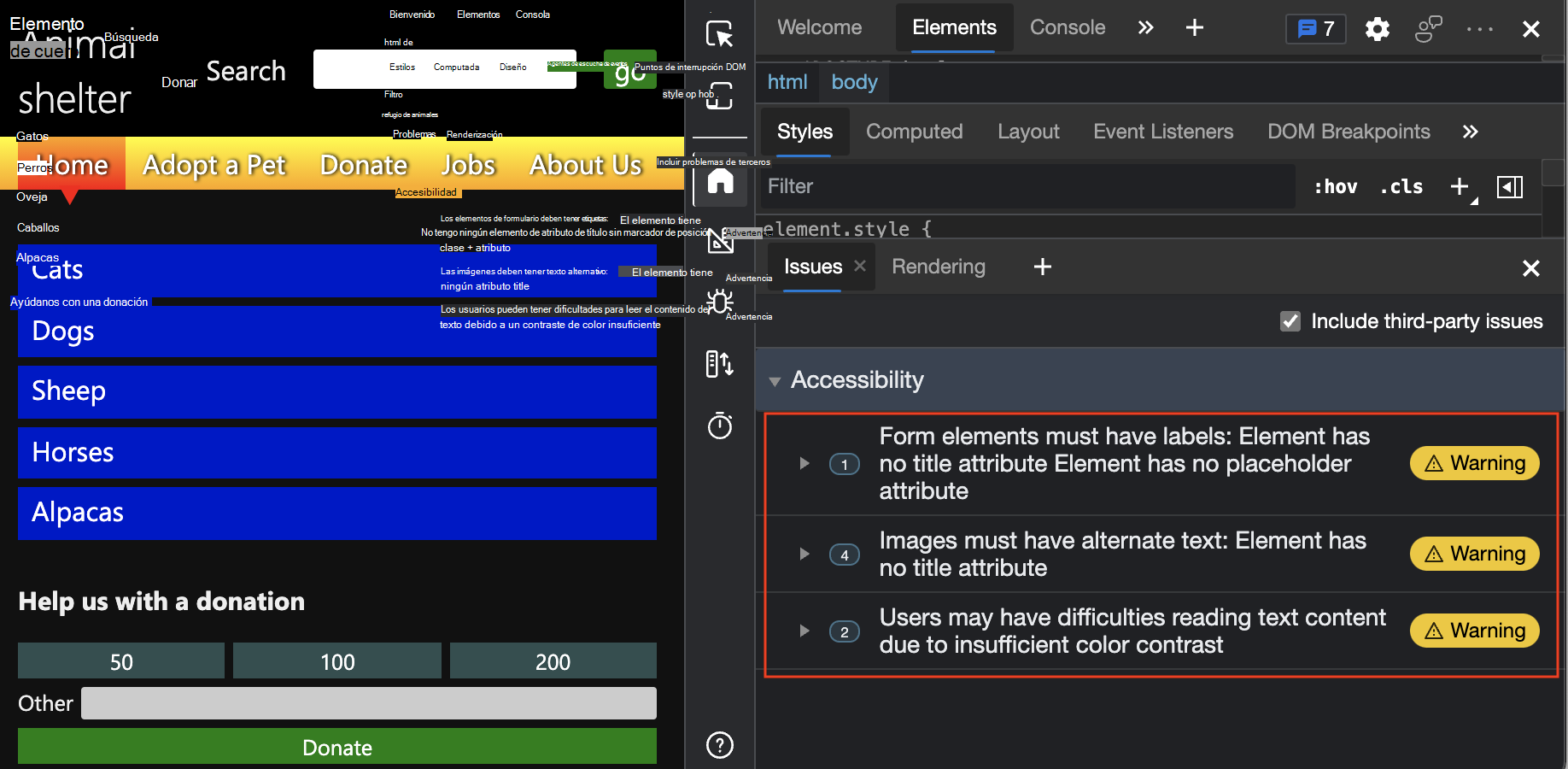 Advertencias de accesibilidad mostradas en la herramienta Problemas
