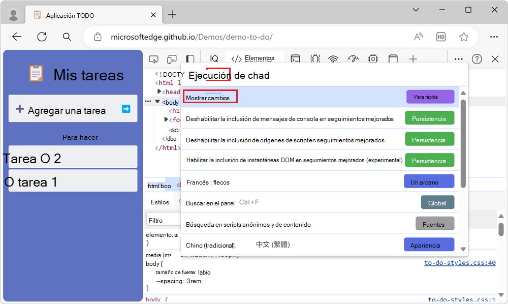 Comando Mostrar cambios en el menú Comando