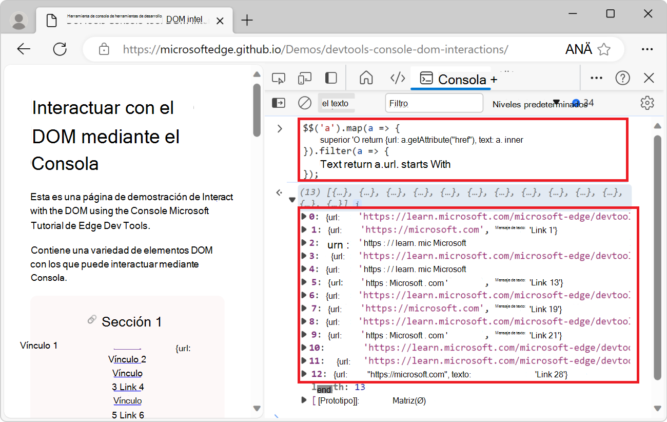 Lista de vínculos externos en la página