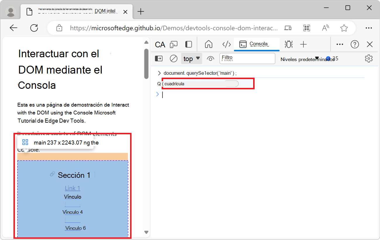 Elemento principal, resaltado en la página web representada