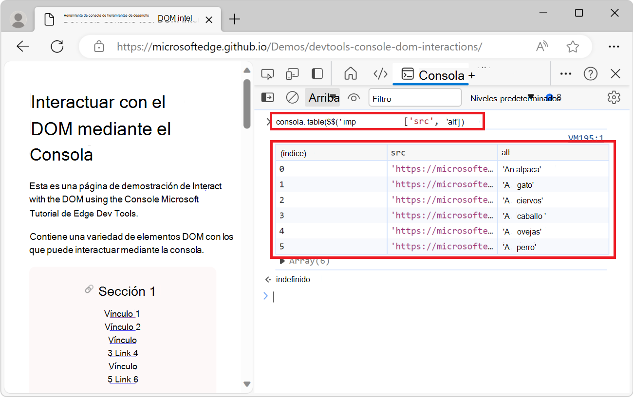 La herramienta de consola, que muestra la función console.table() y una tabla que enumera todas las imágenes