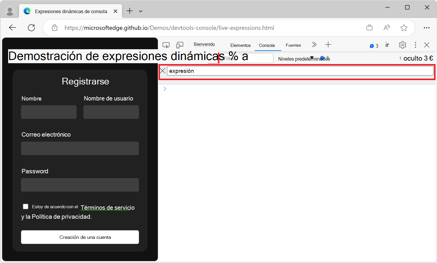 La herramienta Consola de DevTools, con el cuadro de texto de expresión activa debajo de la barra de herramientas