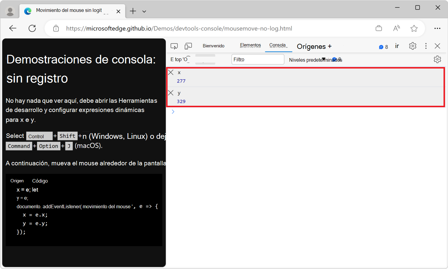 La herramienta Consola, con las expresiones dinámicas x e y, que muestra las coordenadas del mouse en la página web representada
