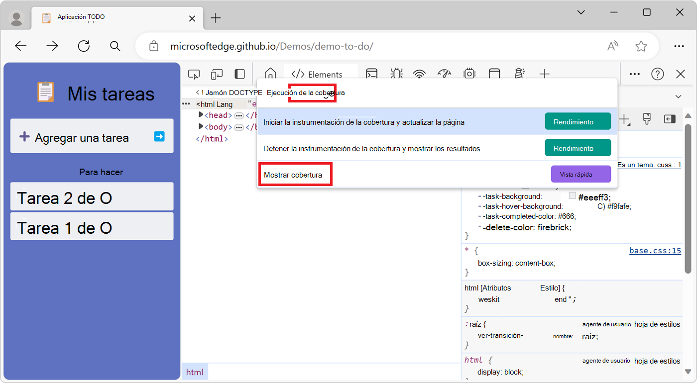 El menú emergente Command Menu (Menú de comandos) en DevTools, que muestra el comando Show Coverage (Mostrar cobertura).