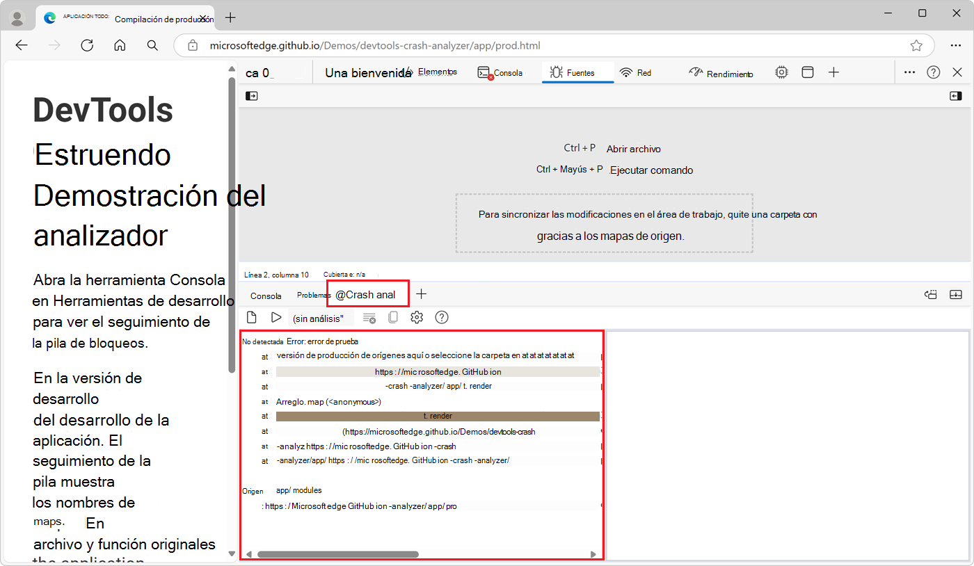 La herramienta Analizador de bloqueos, con la pila de llamadas mejorada pegada en el panel izquierdo