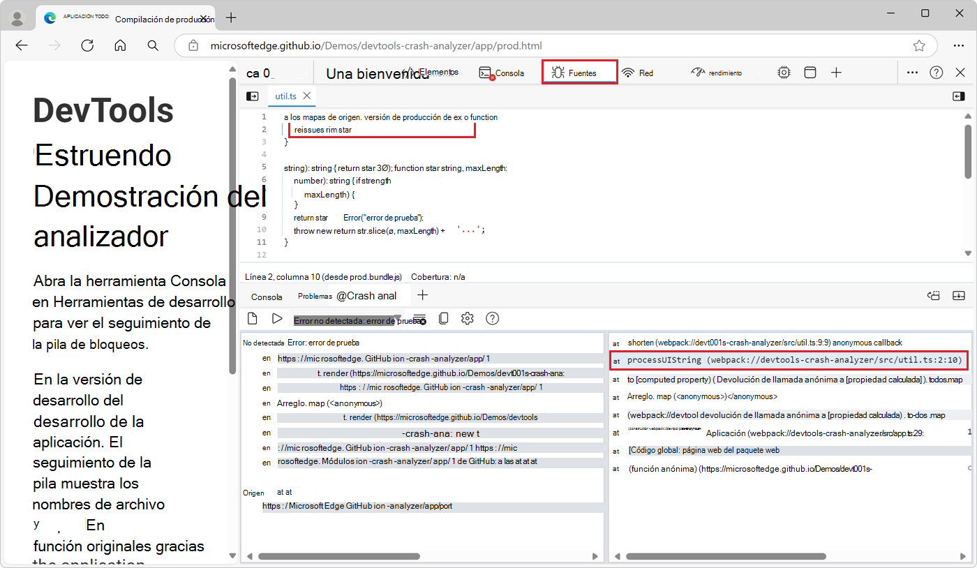 Archivo de código sin especificar y línea de código al que se accede haciendo clic en el panel derecho de la pestaña Analizador de bloqueos