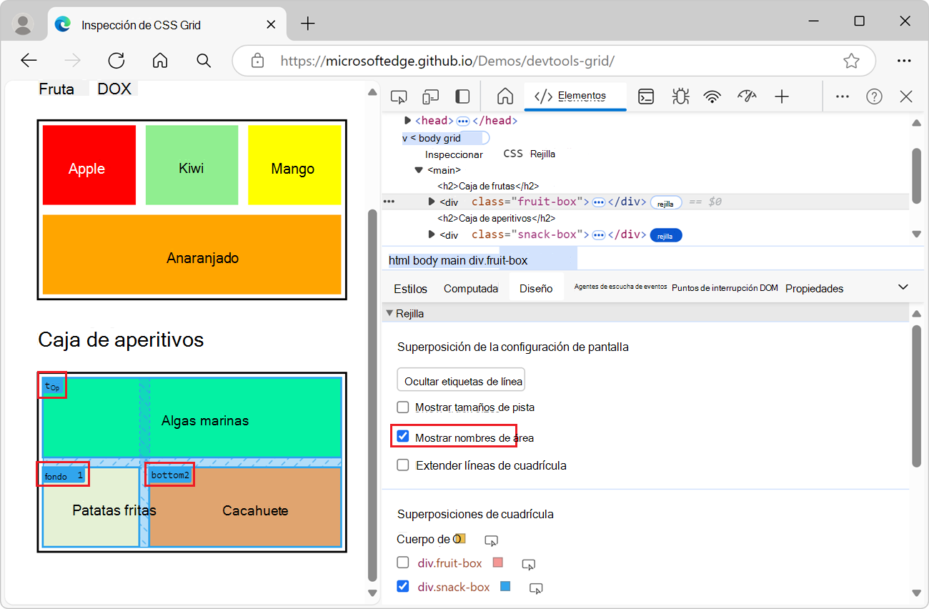 Mostrar nombres de área