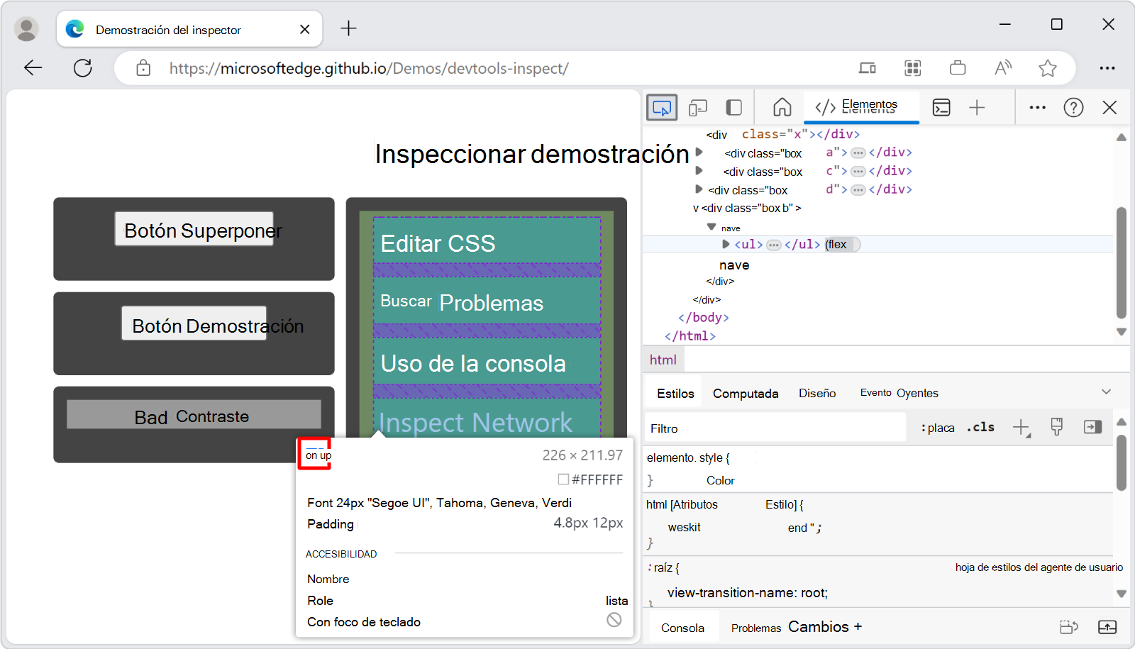 Un elemento que usa CSS flexbox tiene un icono adicional junto a su nombre en la superposición Inspeccionar.