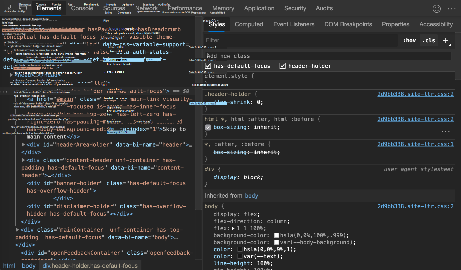 Panel Clases de elemento