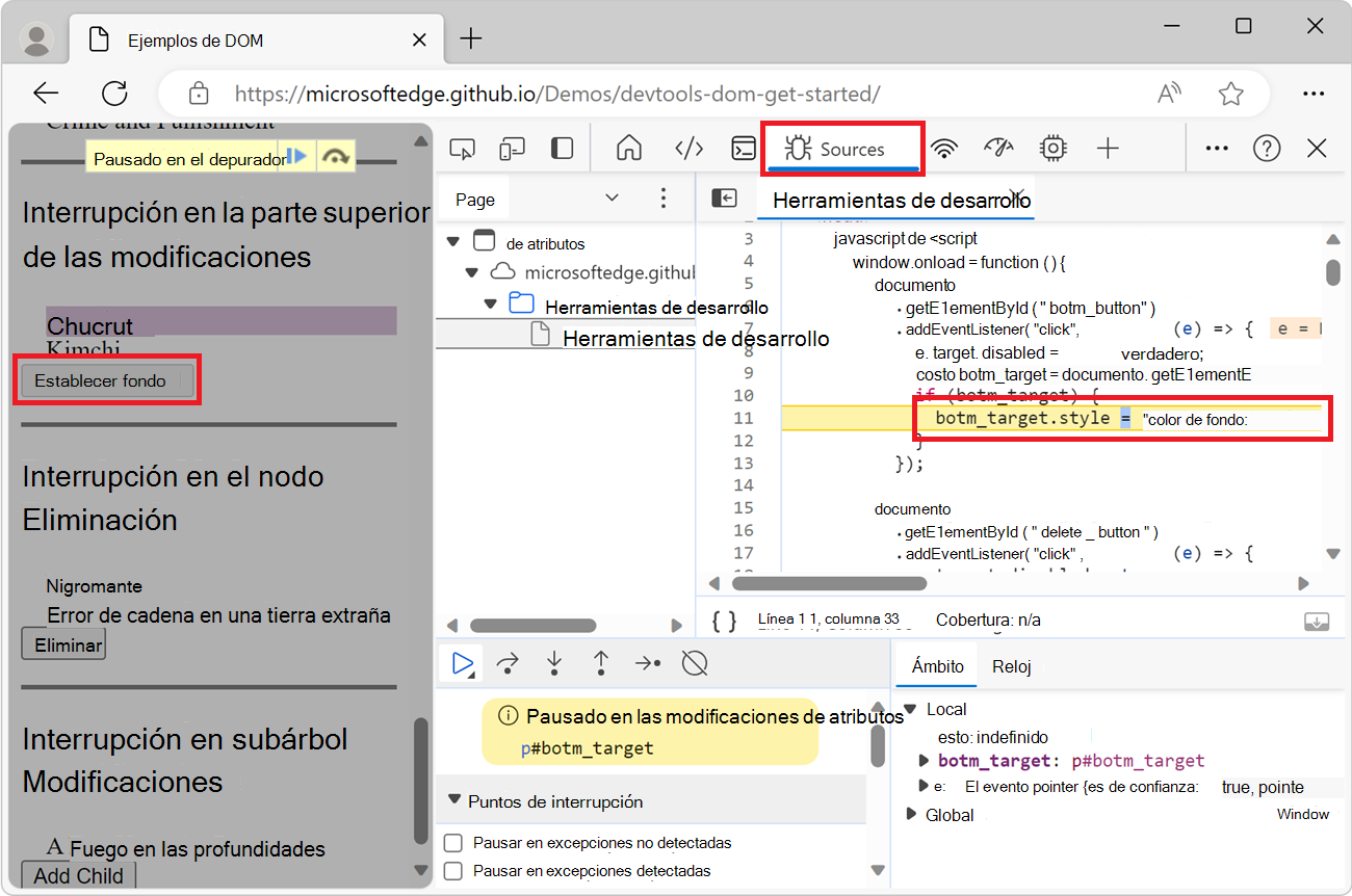 La herramienta Orígenes que muestra la línea de código que hizo que el atributo cambiara