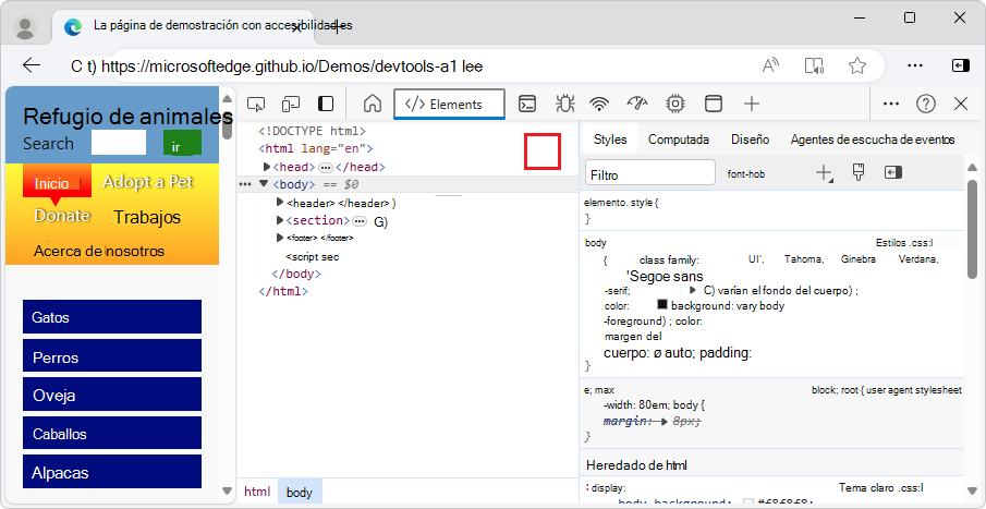 La herramienta Elementos sin el botón 