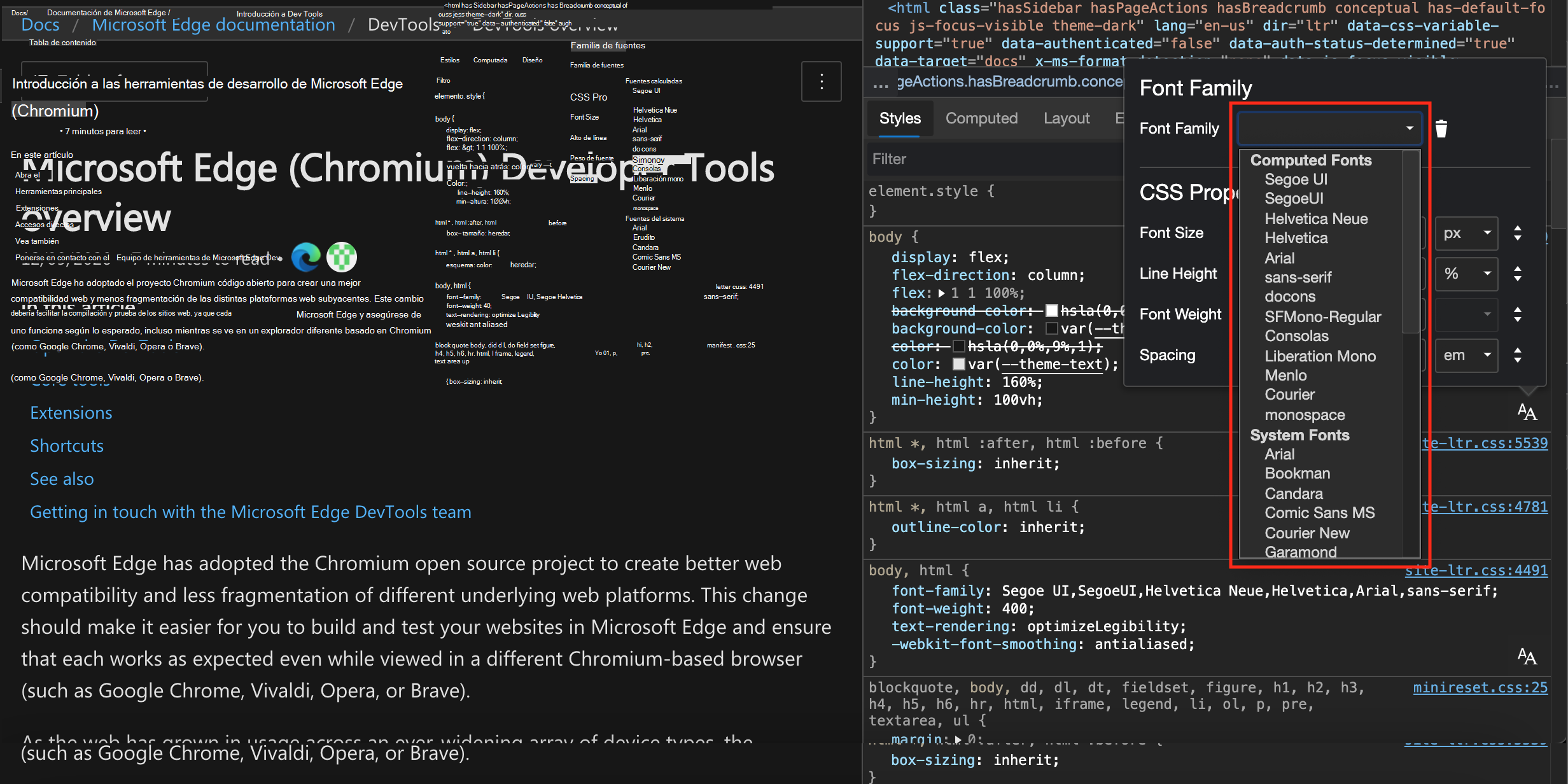 El editor de fuentes se abre en la parte superior del panel Estilos con el selector Familia de fuentes resaltado