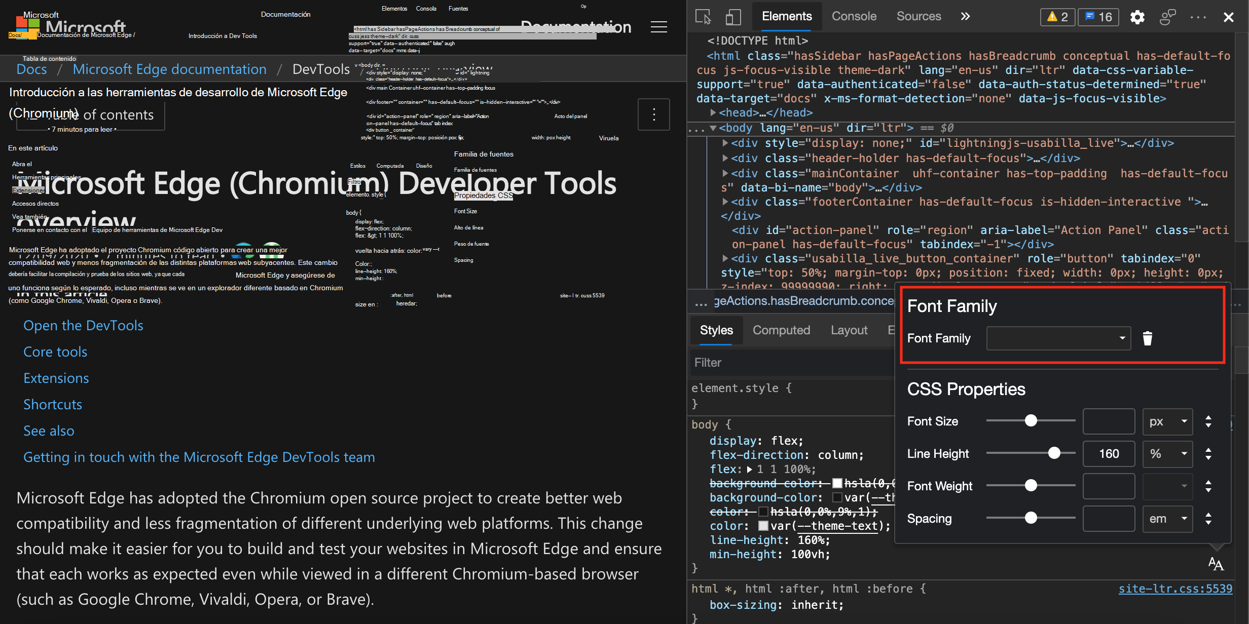 El Editor de fuentes se abre en la parte superior del panel Estilos con el selector Familia de fuentes resaltado