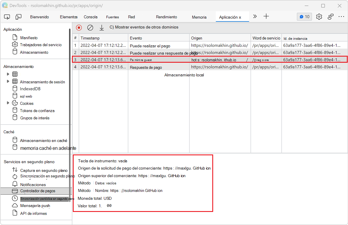 Ver los detalles de un evento en el panel Controlador de pagos