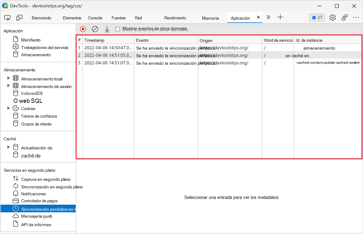 Un registro de eventos en el panel Sincronización en segundo plano periódico