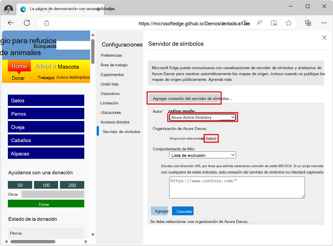 Pantalla de configuración del servidor de símbolos en DevTools