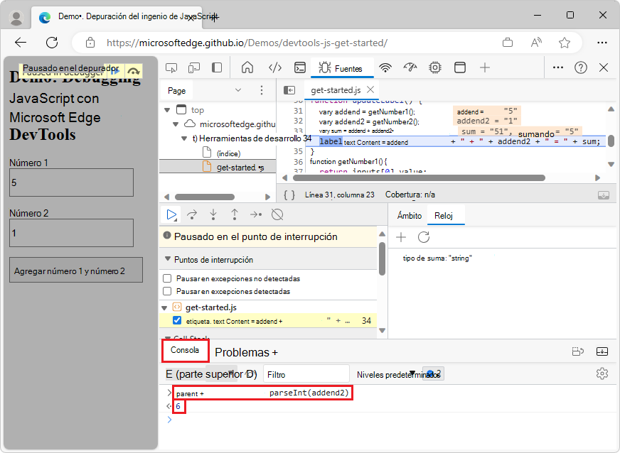 La herramienta Consola, después de evaluar parseInt(addend1) + parseInt(addend2)