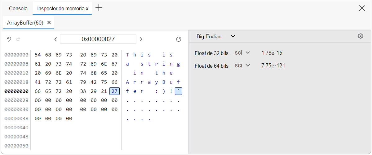 Vista actualizada de los valores de dirección del inspector de memoria