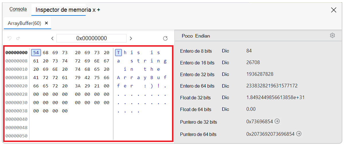 Búfer de memoria del panel Del inspector de memoria