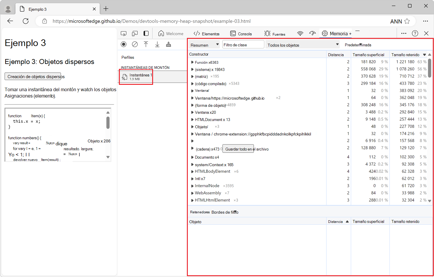 Tamaño total de objetos accesibles