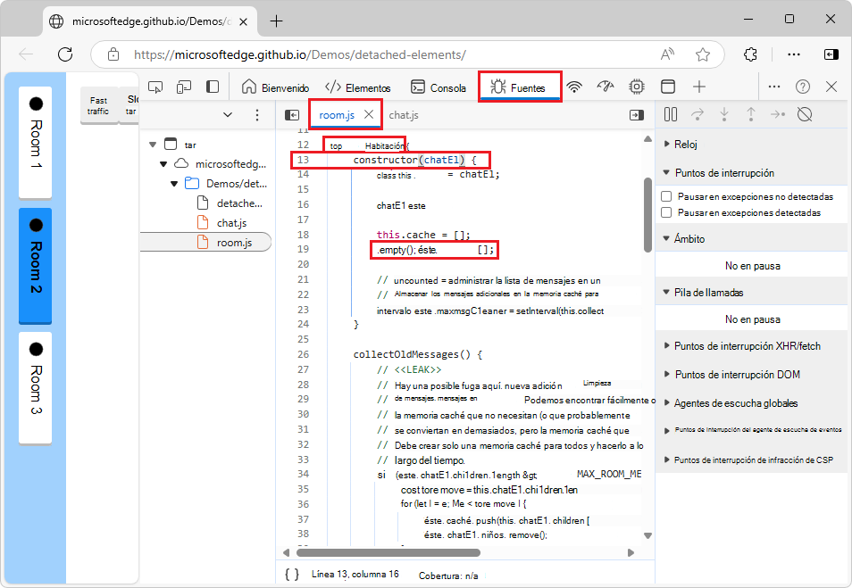 Código fuente de JavaScript en la herramienta Orígenes