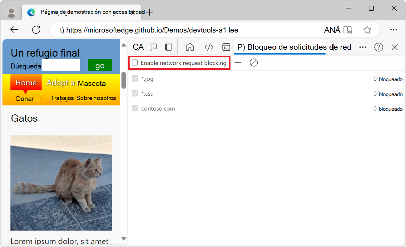 Activación del bloqueo de solicitudes de red