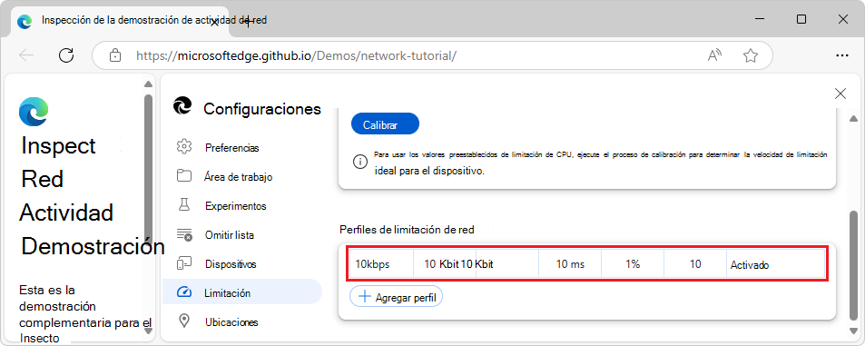 Creación de un perfil de limitación personalizado en Limitación de configuración de > DevTools >