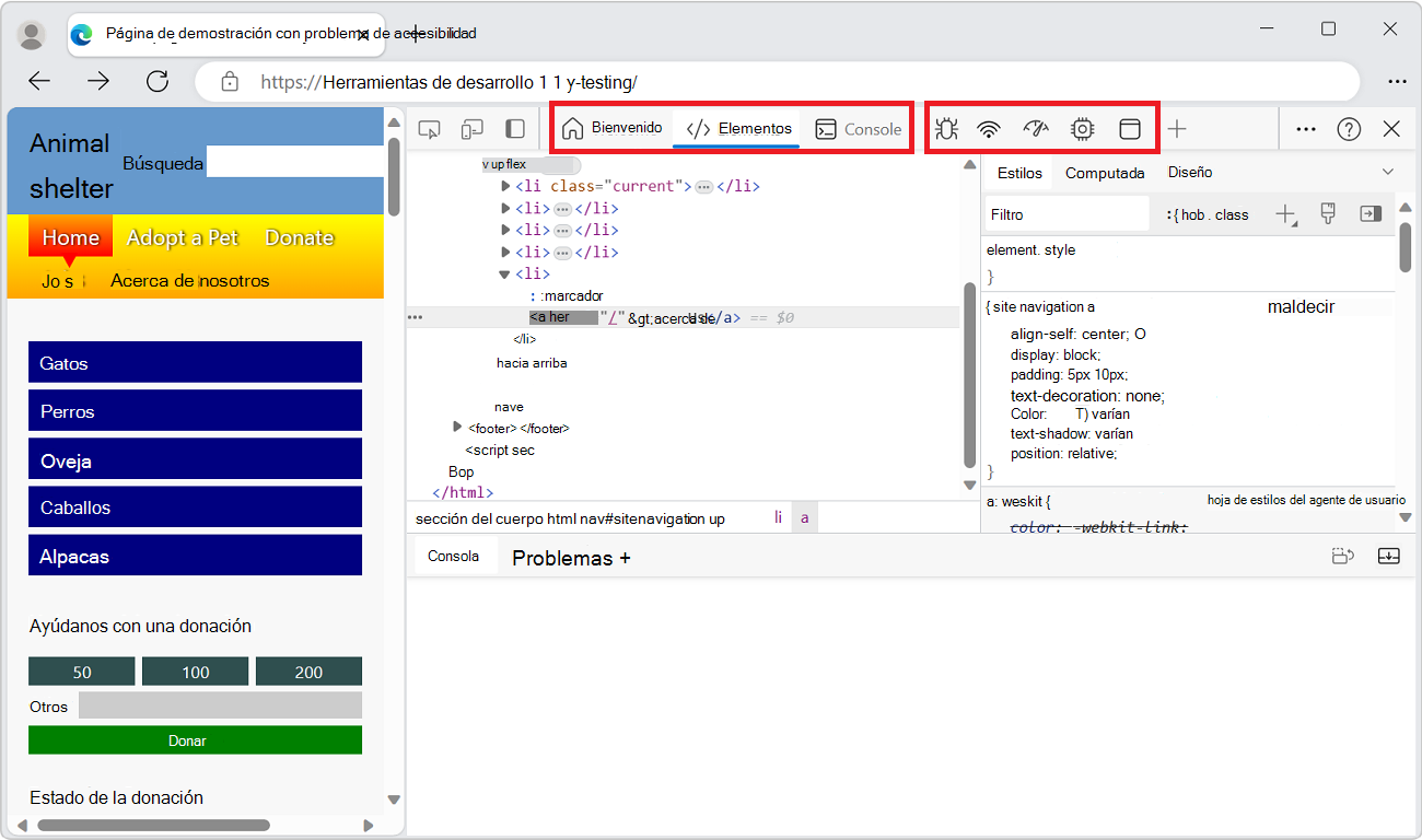 Barra de actividad horizontal con ancho limitado, por lo que algunas herramientas no tienen una etiqueta, sino solo un icono con información sobre herramientas