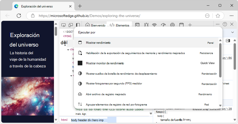 Menú de comandos con 