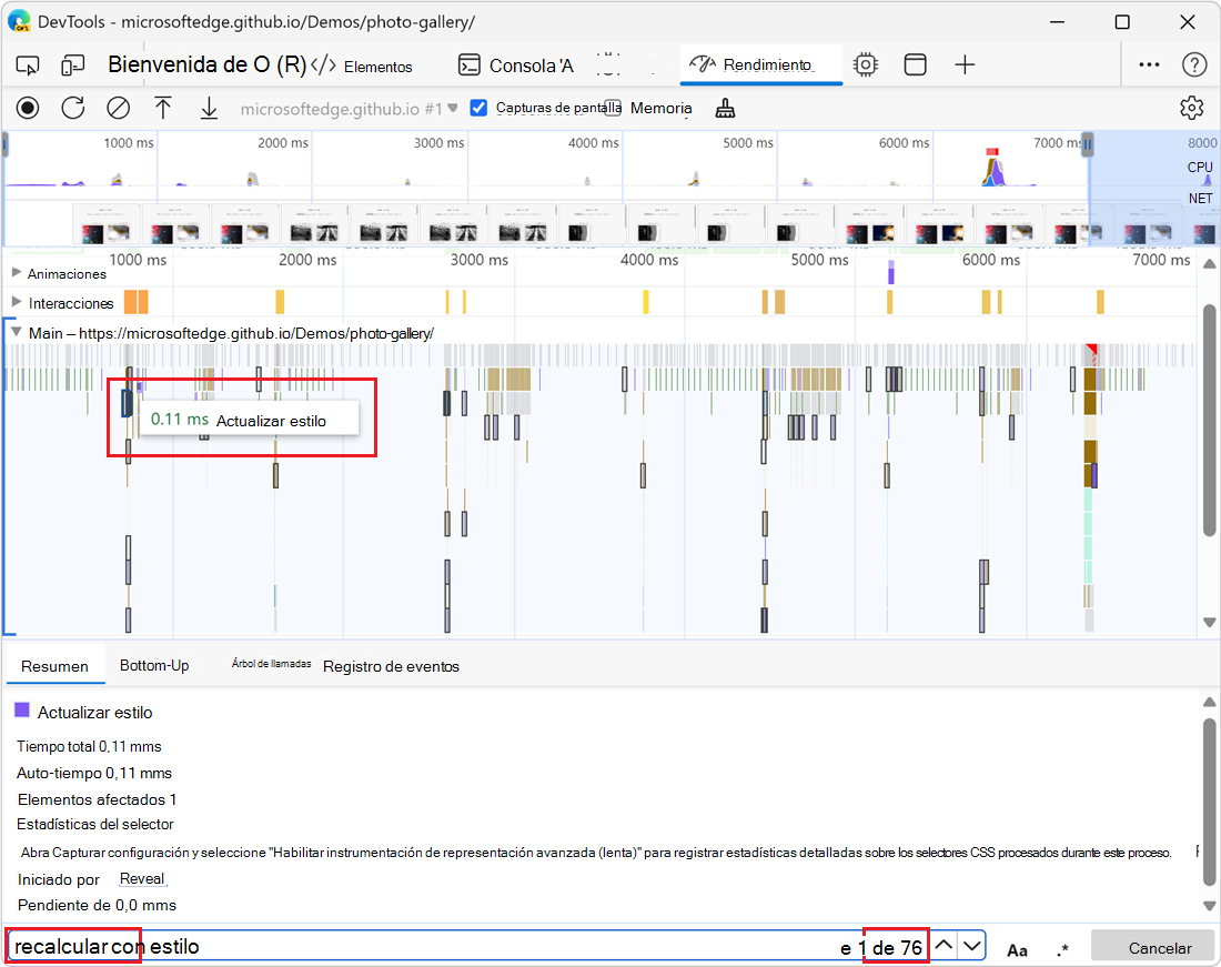 Cuadro de búsqueda con una consulta y actividades resaltadas