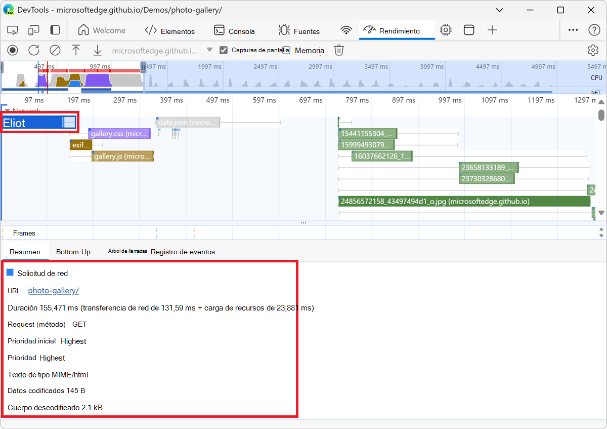 Más información sobre la solicitud de galería de fotos en la pestaña Resumen