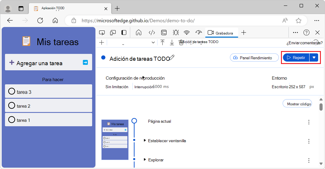 Botón Reproducir en una página de detalles del flujo de usuario grabado
