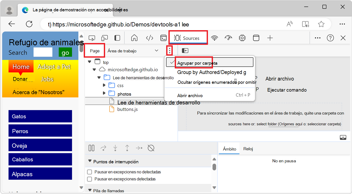 Archivos de recursos de la página web agrupados por carpeta en la pestaña Página de la herramienta Orígenes