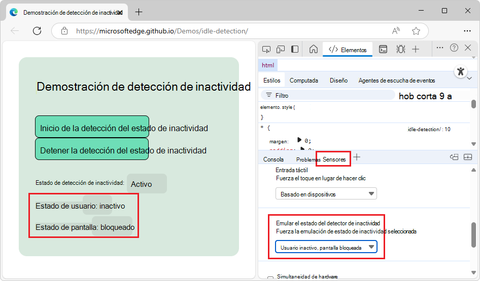 Selección de un estado inactivo y bloqueado en una página de demostración