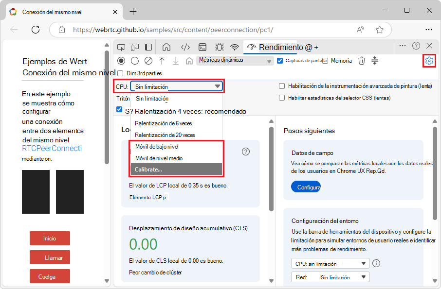 Menú desplegable limitación de CPU antes de calibrar